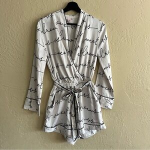 Victoria's Secret White Script Wrap Romper with Black Print